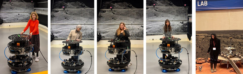 V-STARS team members at the ORL Lab using the REACSA platform and at the Mars Analogue Terrain at ESTEC during the Experiments Workshop