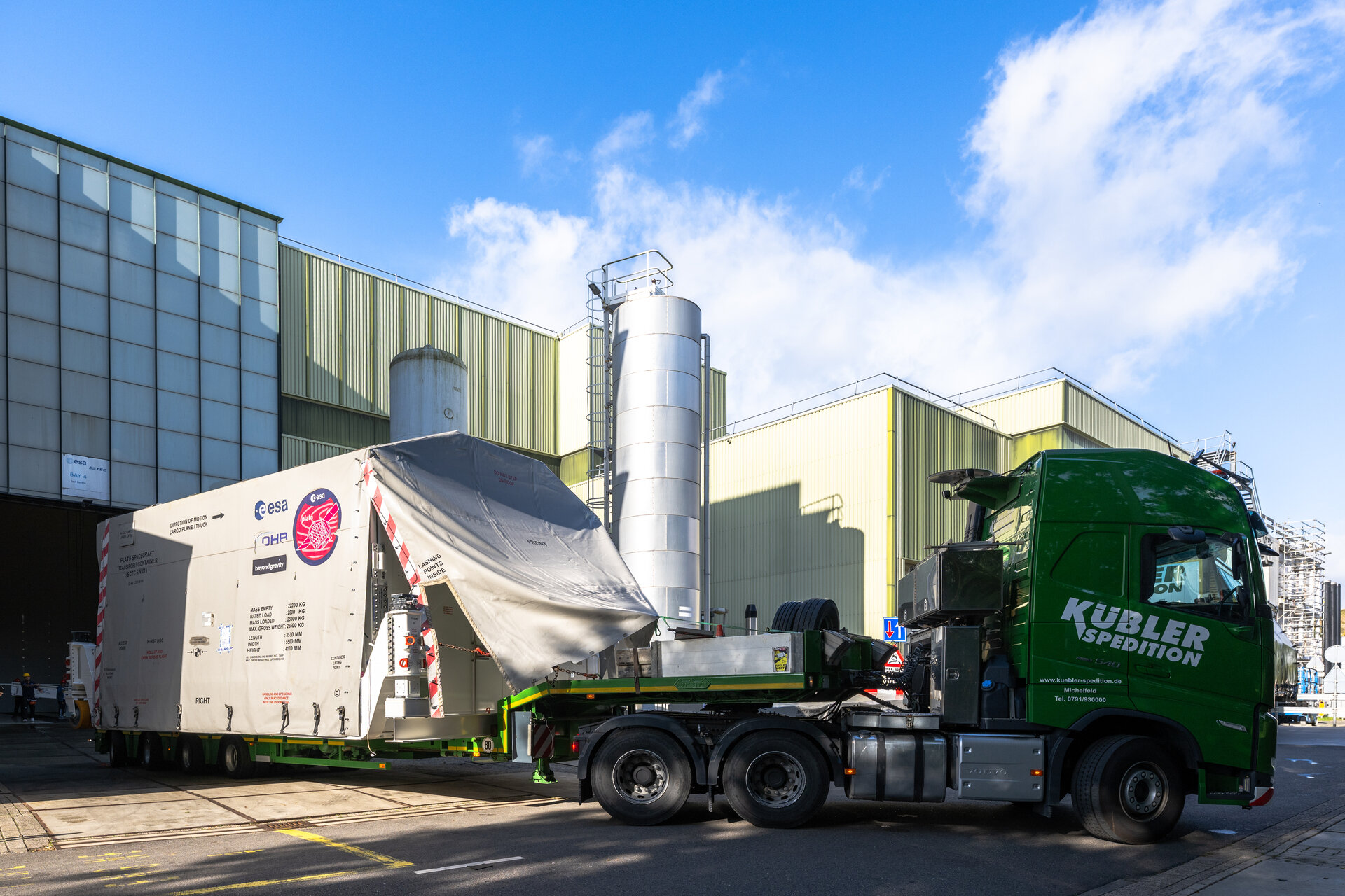 Truck with Plato spacecraft arrives at ESTEC