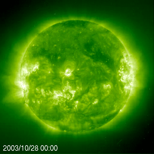 Video of the explosion of the Sun during the 2003 Halloween solar storm, captured by the EIT instrument onboard the ESA/NASA SOHO satellite. Snow-like lines in the images correspond to the saturation of the camera detectors due to the impact of high-energy particles originated in the solar active region.