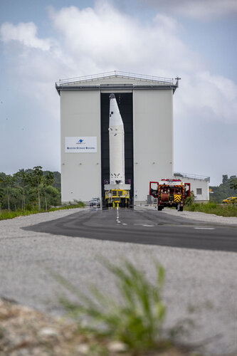 Ariane 6 booster for flight VA263 arriving at the booster storage building