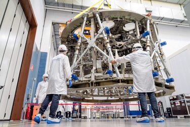 The backbone of ESA's fourth European Service Module at Thales Alenia Space in Turin, Italy, in May 2022