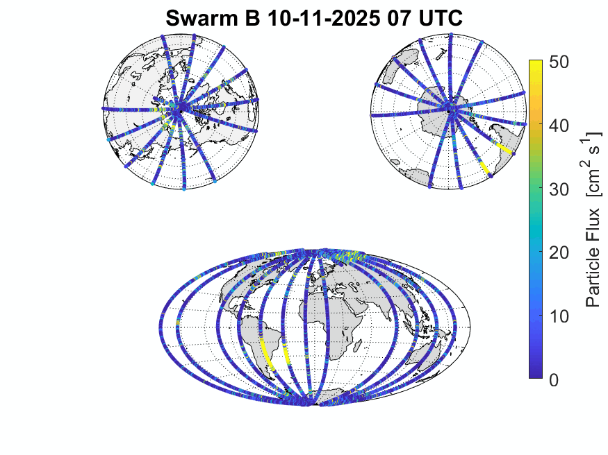 Swarm’s star trackers detected a temporary enhancement of high energy protons at the poles during the back-to-back space weather events of 12 and 13 November 2025.