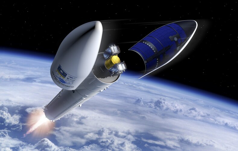 Artist's view of Galileo SAT 33 and 34 on their Ariane 6 launcher moments after fairing release.