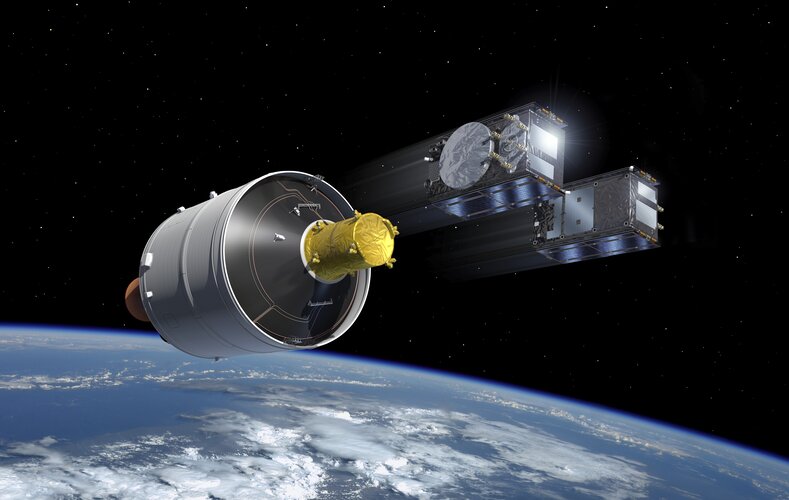 Artist’s impression of Galileo SAT 33 and 34 separating from their Ariane 6 launcher.