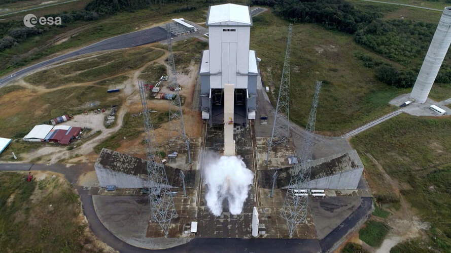 The water deluge system activated at liftoff was put to the test on the Ariane 6 launch pad at Europe’s Spaceport